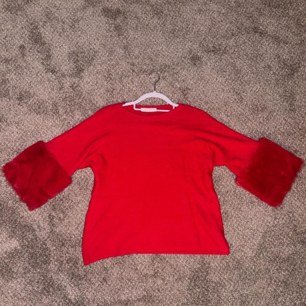 Women's Red Sweater Top with Faux-Fur Cuff Sleeves